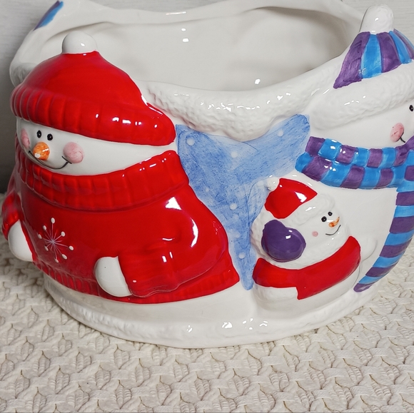 Houston Harvest Holiday Houston Harvest Ceramic Winter Snowmen Large Candle Holder Bowl Rare